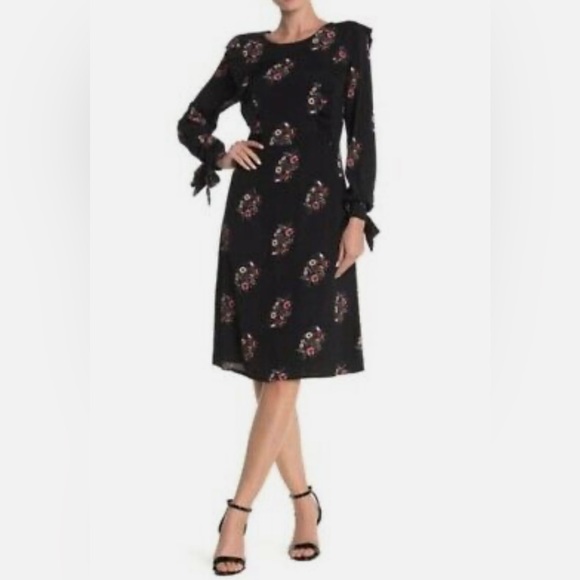 NWT FRNCH Floral Long Sleeve Black Midi Dress Sz Small - Picture 1 of 7